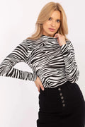 chemisier femme motif zébré noir blanc manches longues col montant encolure ronde coupe ajustée stretch viscose élasthanne longueur standard polyvalent