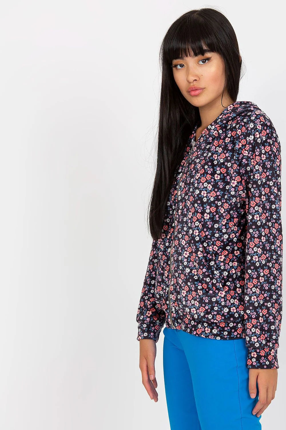 blouson floral femme zippé casual polyester bleu marine motifs floraux roses rouges blancs coupe droite hanches manches longues ajustées