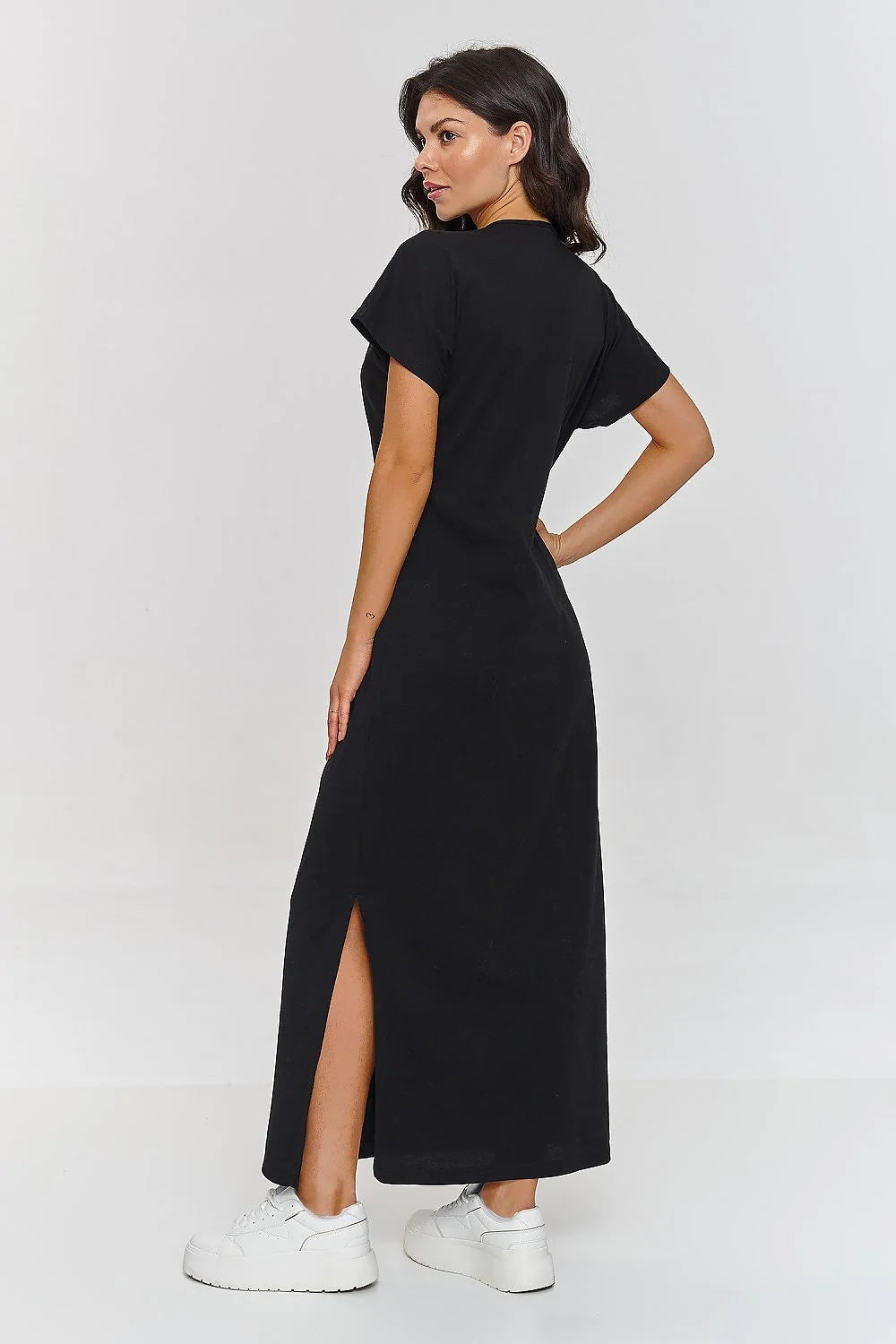 Robe longue noire style moderne élégant manches courtes larges nœud central taille ajustable coton femme