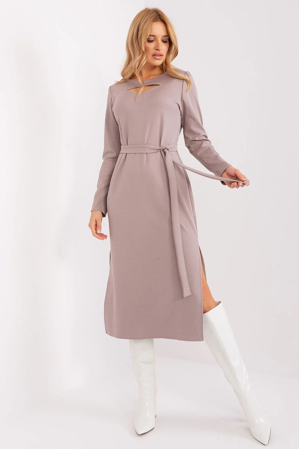 Robe de jour Lakerta élégante taupe manches longues encolure ronde ceinture nouable polyester elasthanne femmes