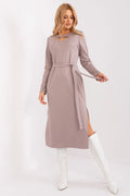 Robe de jour Lakerta élégante taupe manches longues encolure ronde ceinture nouable polyester elasthanne femmes