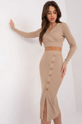 Ensemble mode femme crop top manches longues jupe midi beige maille côtelée fente boutons occasionnels