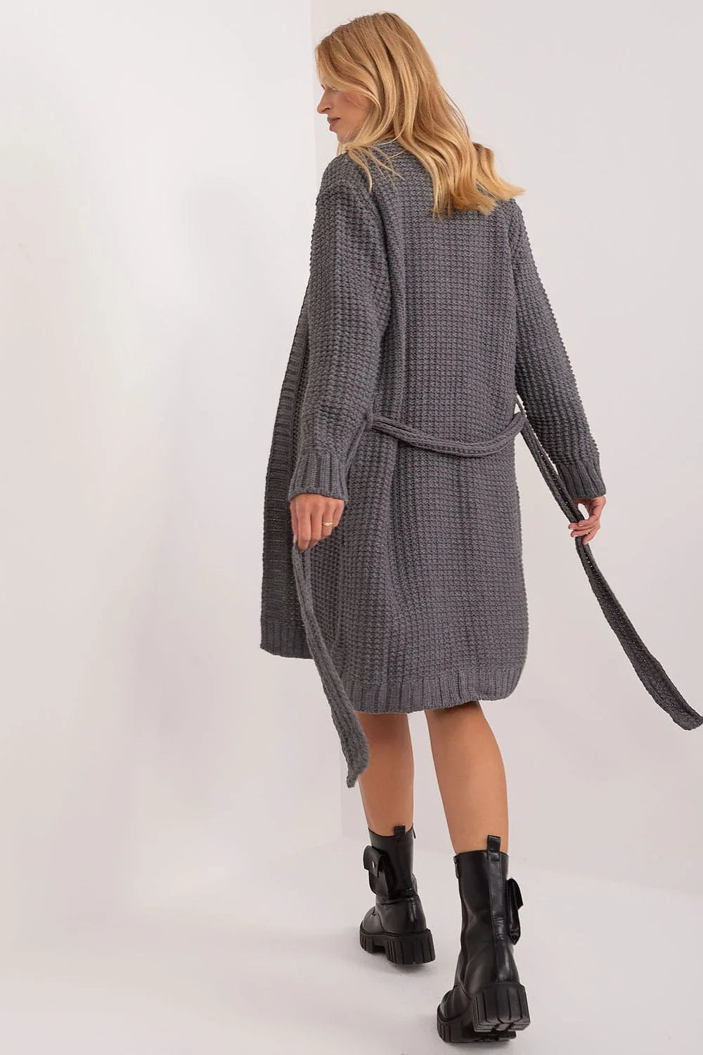 cardigan maille femme gris anthracite long genou oversize ceinture amovible ajustable ample structuré tricot épais manches longues côtelés