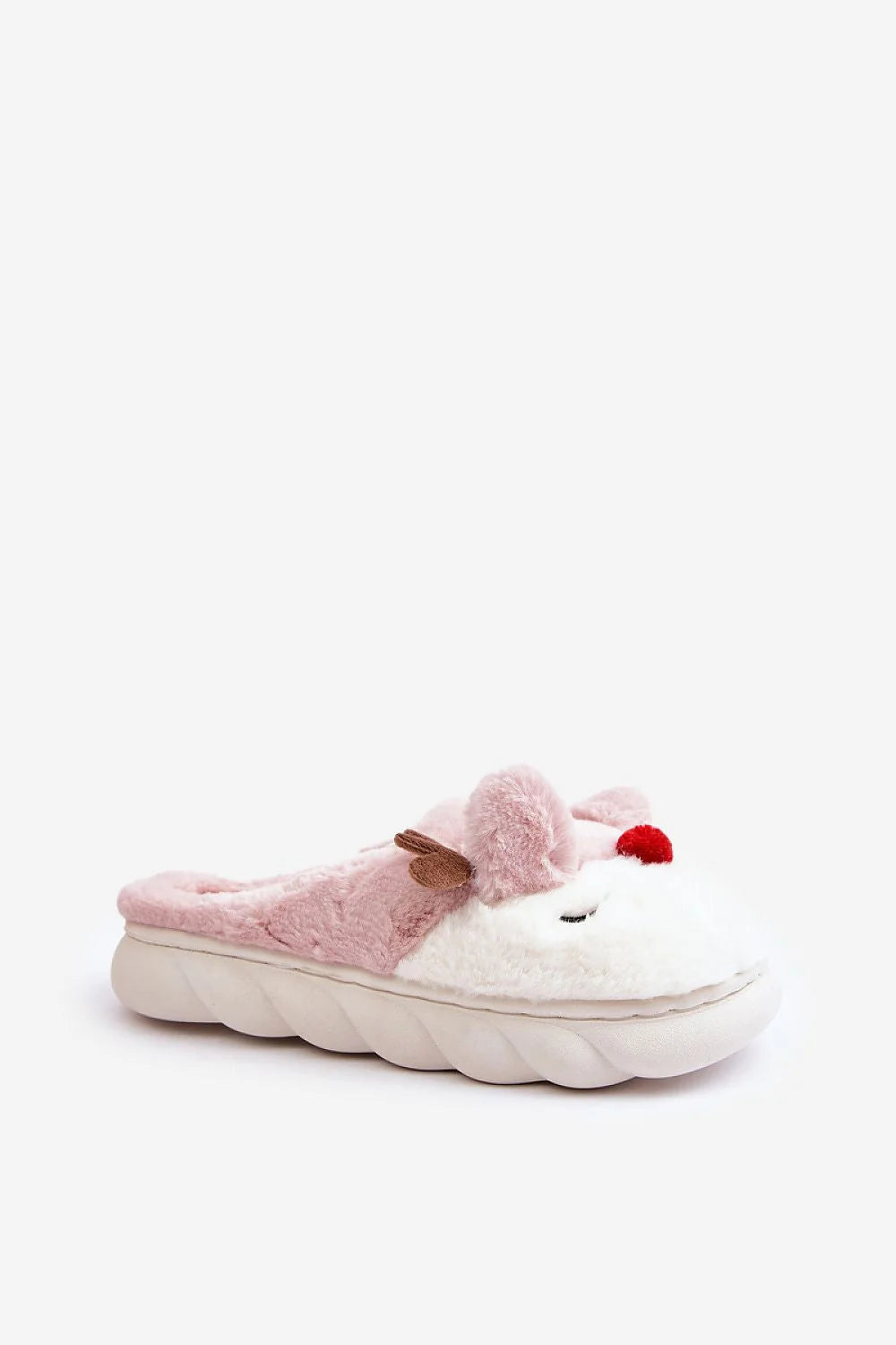 pantoufles peluche femmes motif renne nez pompon oreilles cornes rose pâle blanc doublure fourrure intérieure semelle épaisse antidérapante cocooning