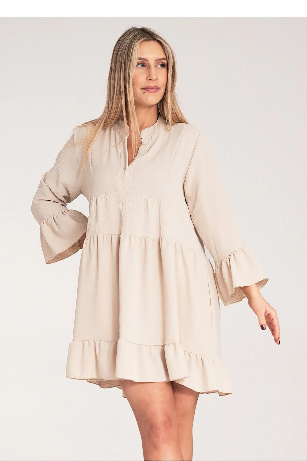 Robe de jour Figl ample volants couleur beige style casual-chic manches longues élasthanne polyester femme