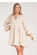 Robe de jour Figl ample volants couleur beige style casual-chic manches longues élasthanne polyester femme