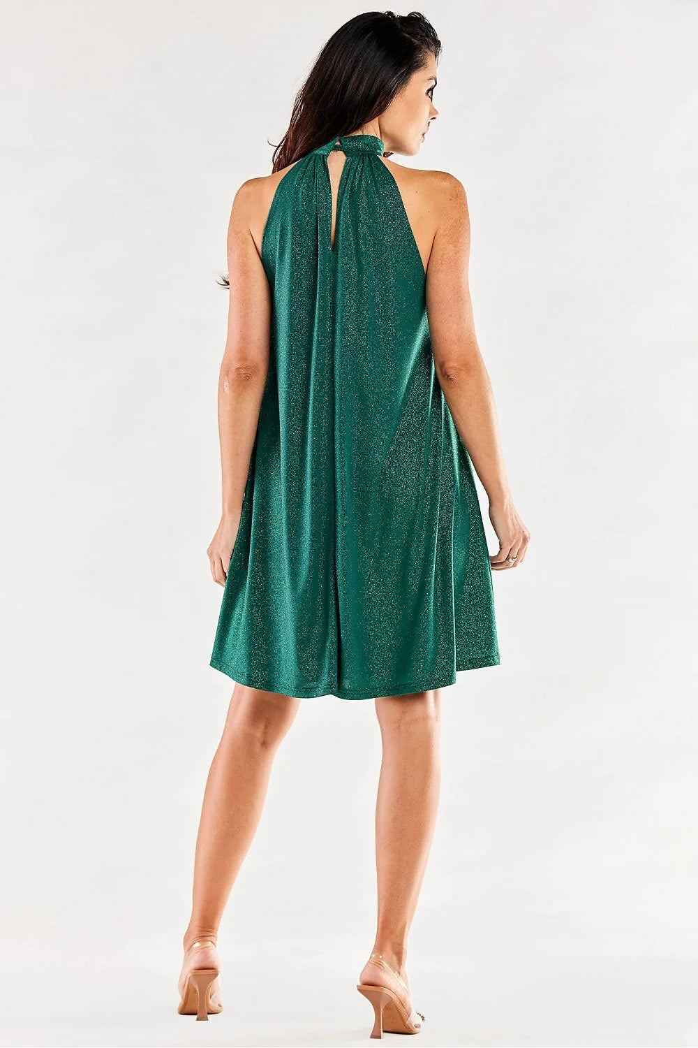 robe soirée courte trapèze fluide fuchsia scintillant col montant plissé halter sans manches plis buste doublure élastique Pologne qualité
