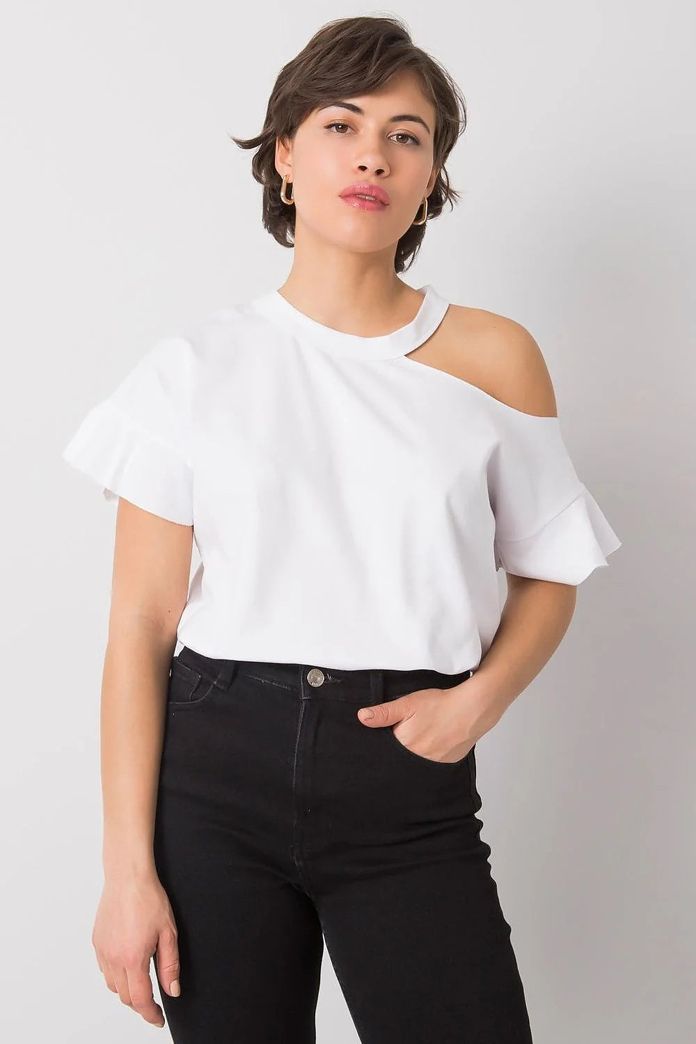 Blouse Fancy asymétrique pour femme, style cold shoulder, manches courtes, couleur rose vif, coton stretch, confortable, versatile, occasion多种