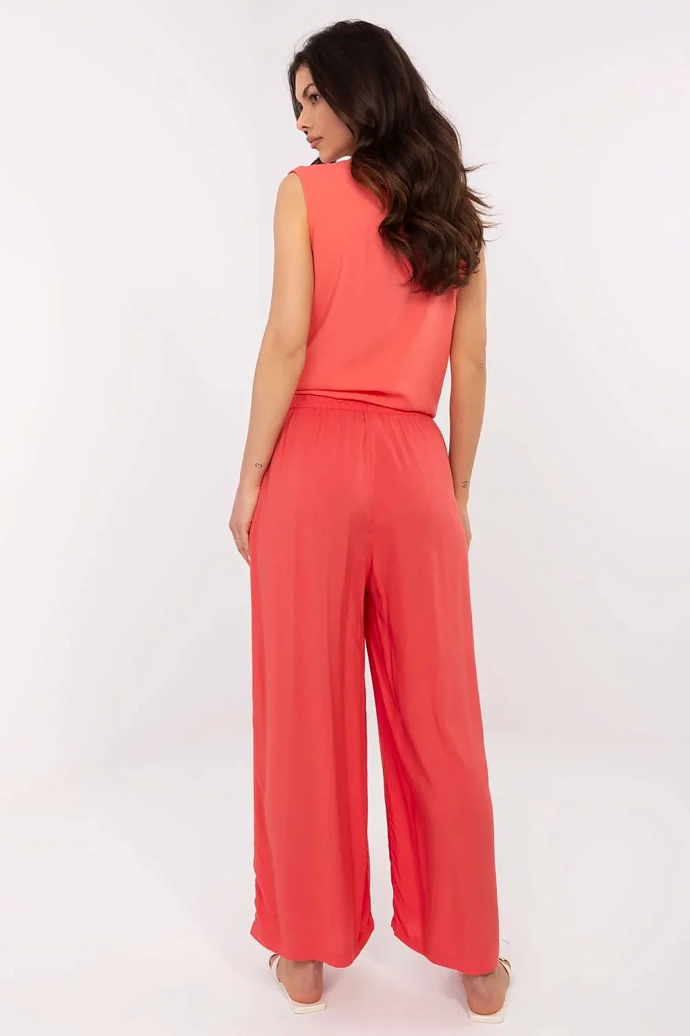 Pantalon femme Sublevel design fluide décontracté coupe large évasée taille haute élastiquée corail vif occasion estivale printanière