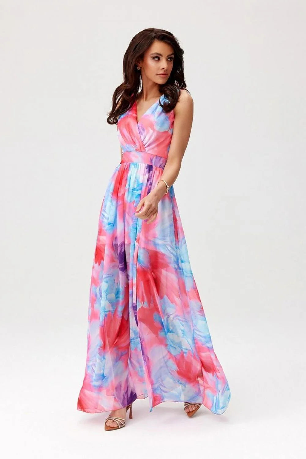 Robe longue pour femme design floral coloré coupe fluide sans manches fente devant occasion estivale