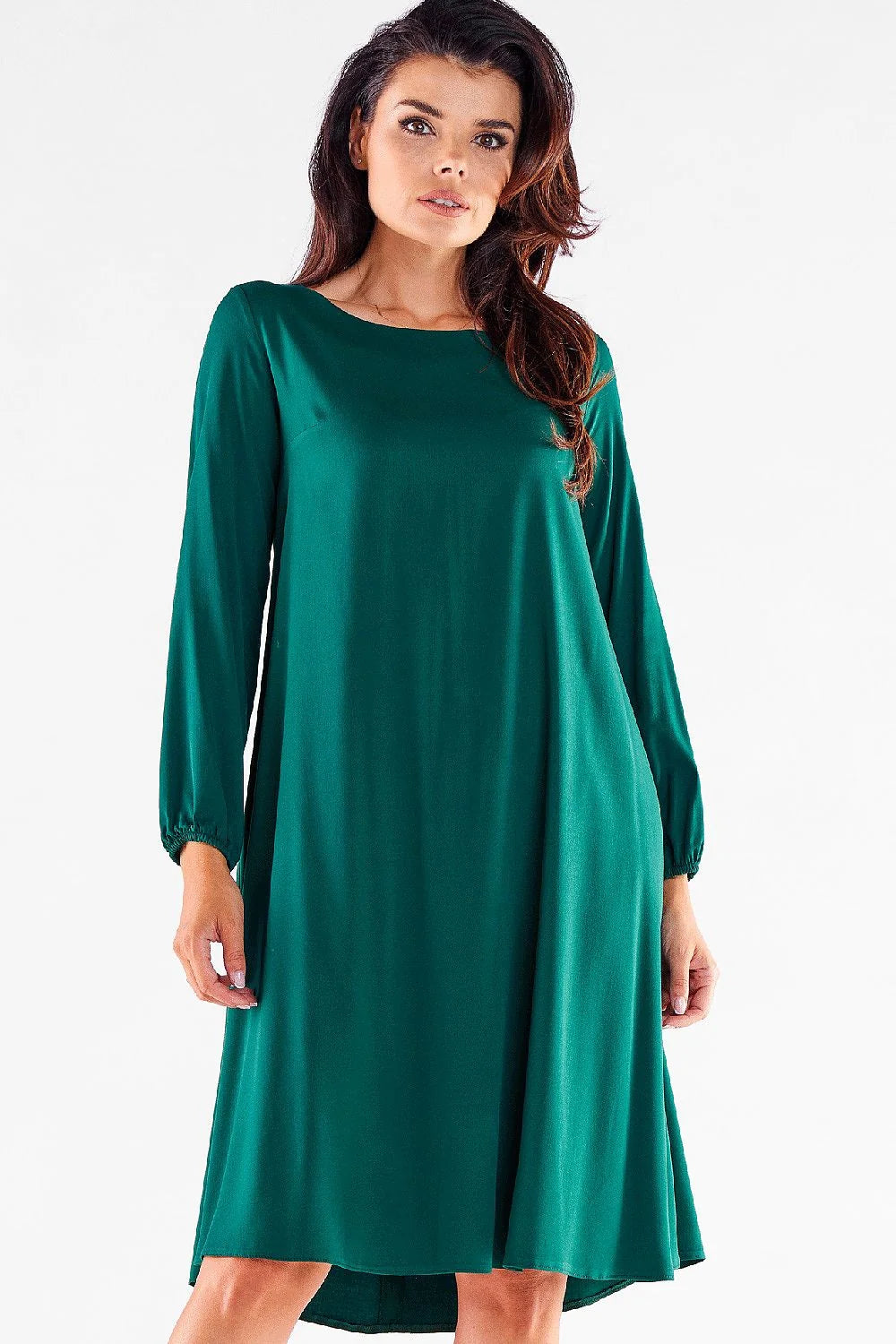Robe de jour élégante pour femme en viscose et elasthanne, manches longues, dos allongé, coupe trapèze, couleur rouge, taille ajustable