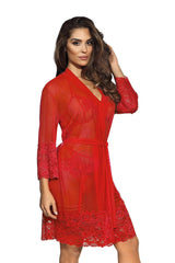 Kimono lingerie en dentelle rouge vif sexy romantique manches trois-quarts ceinture nouée élégante féminine