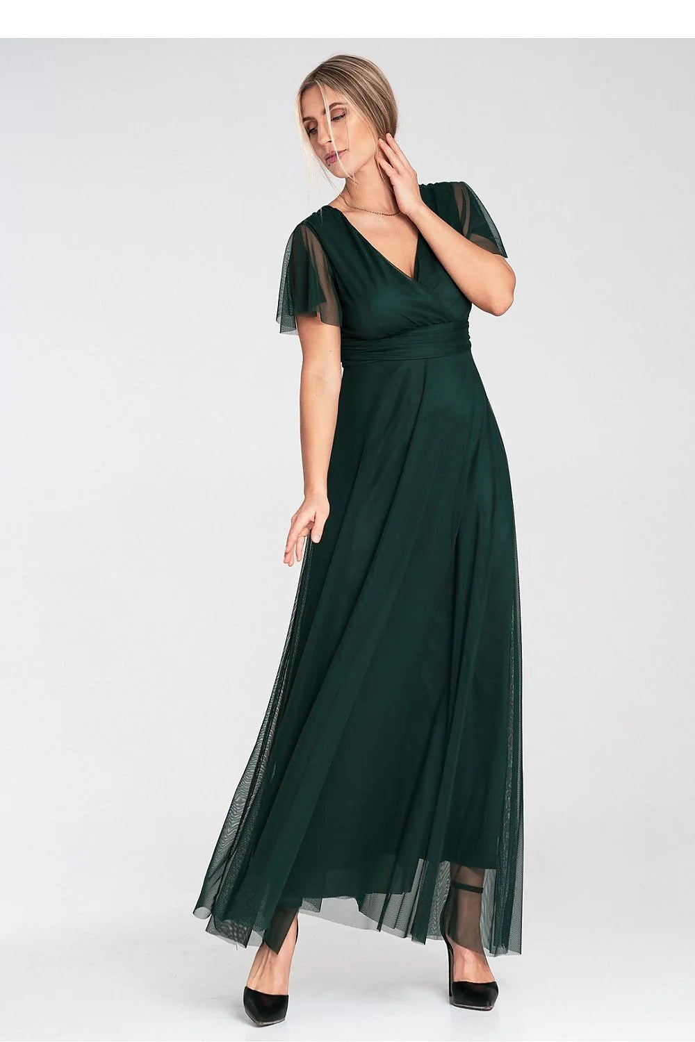 Robe de soirée élégante longue manches courtes vert émeraude décolleté en V croisé taille ajustable femme