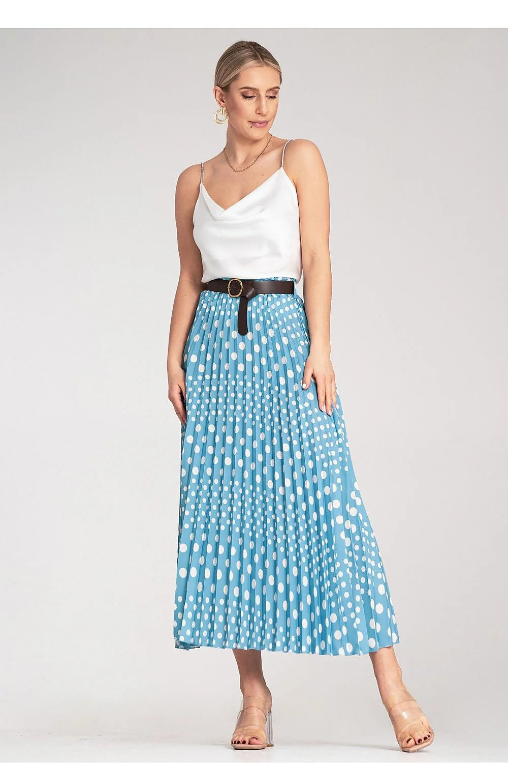 jupe midi plissée bleu clair pois blancs taille haute ceinture élastique boucle noire dorée polyester élasthanne fluide vintage chic élégante