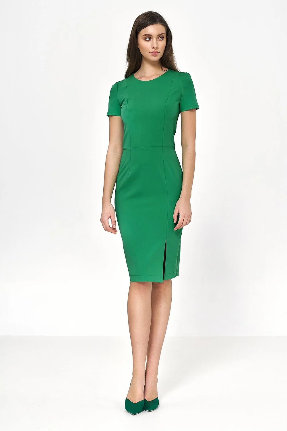 Robe de jour élégante vert vif manches courtes taille ajustée sans doublure polyester viscose femme