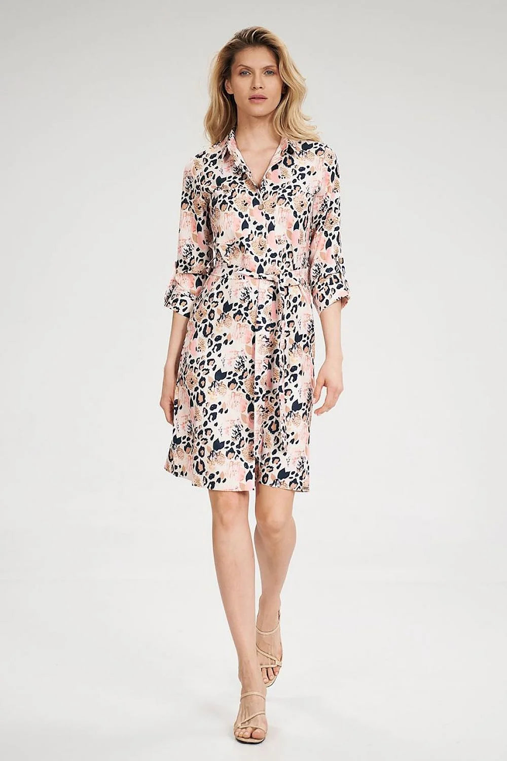 Robe-chemise polyester élégante décontractée bleu clair manches retroussables ceinture ajustable boutons bois femme chic