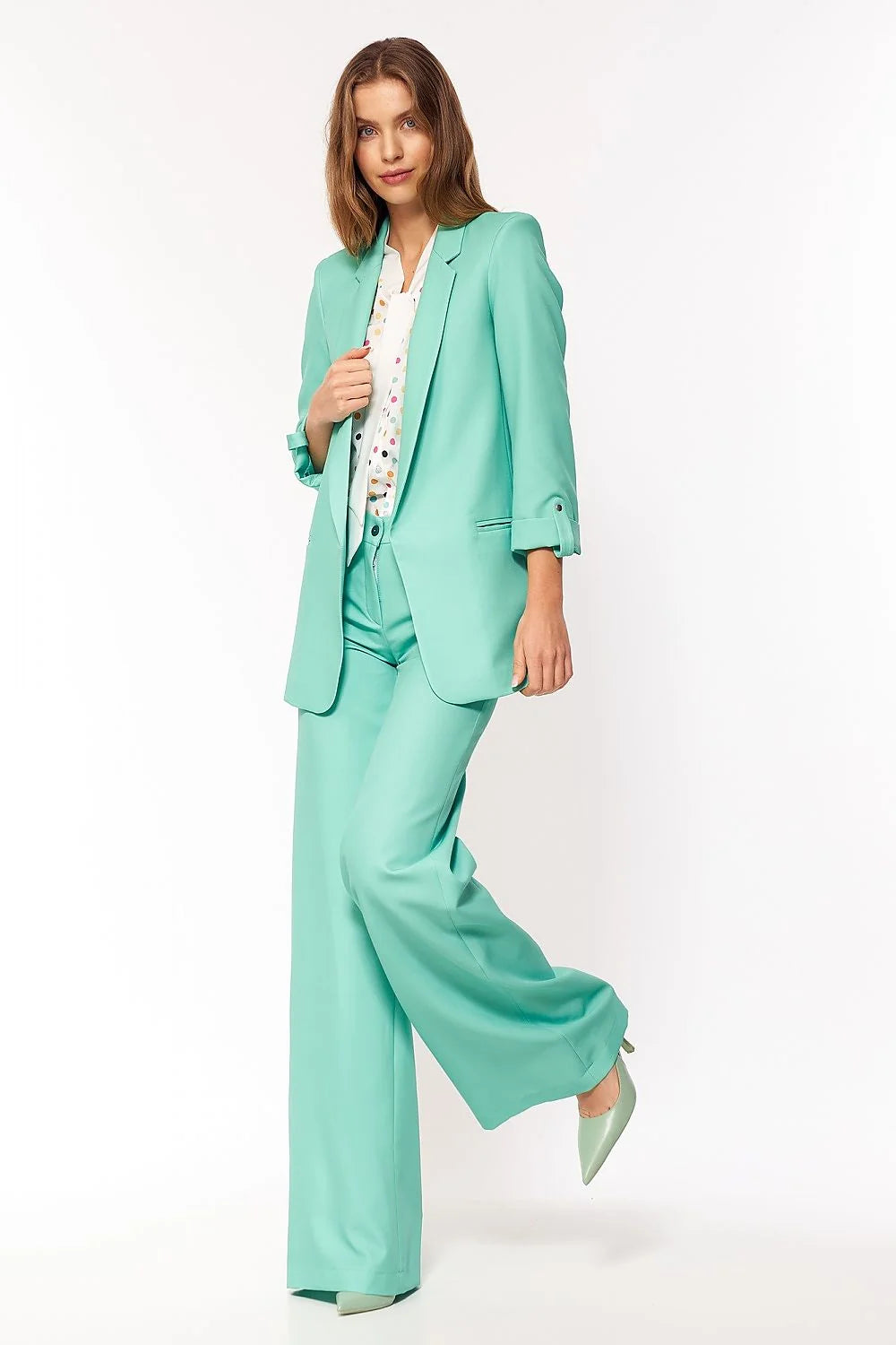 Ensemble de mode féminine aqua tailleur blazer blouse chemisier polka dot hauts bas trousers高腰