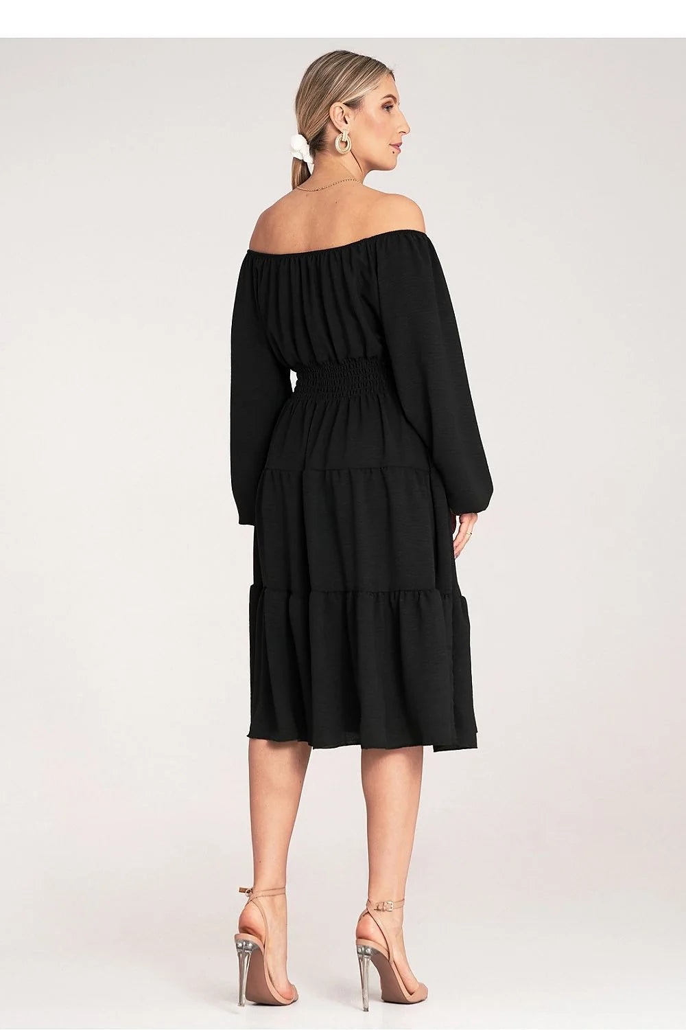 Robe de jour élégante style bohème-chic encolure Bardot manches longues empire waist volants noire polyester élasthanne femme