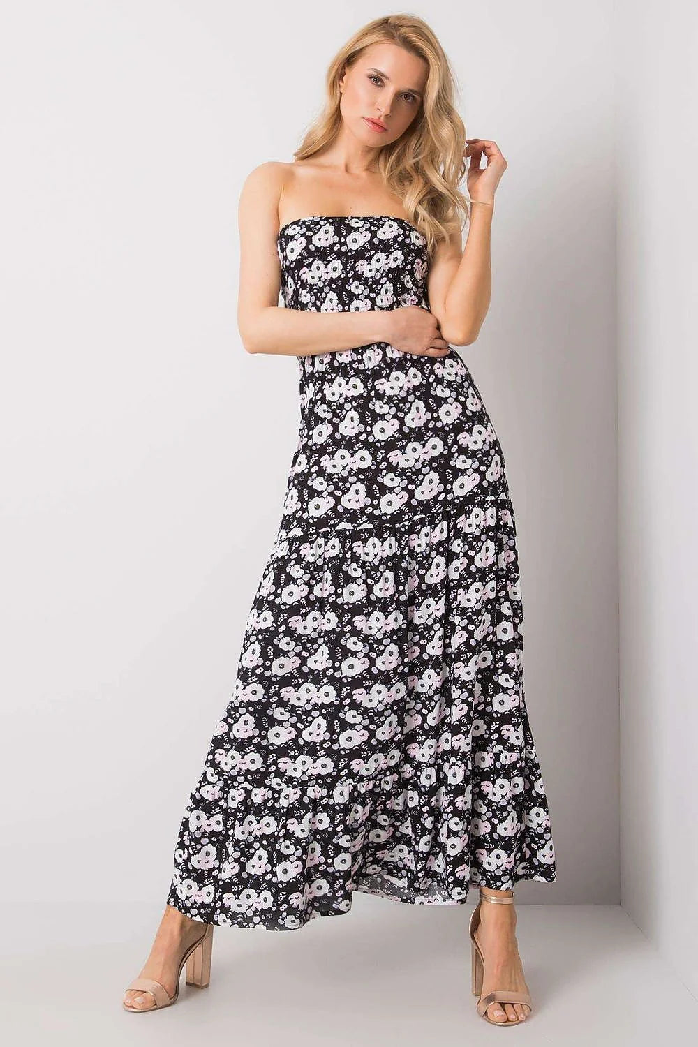Robe de jour Fresh Made longue sans bretelles floral noir blanc rose clair élastique volants femme été