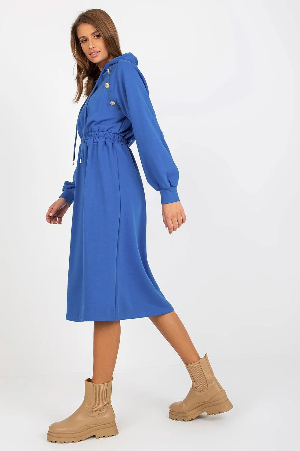 Robe de jour Relevance en coton et elasthanne, manches longues, capuche, boutons decoratifs, couleur verte, style casual, pour femme