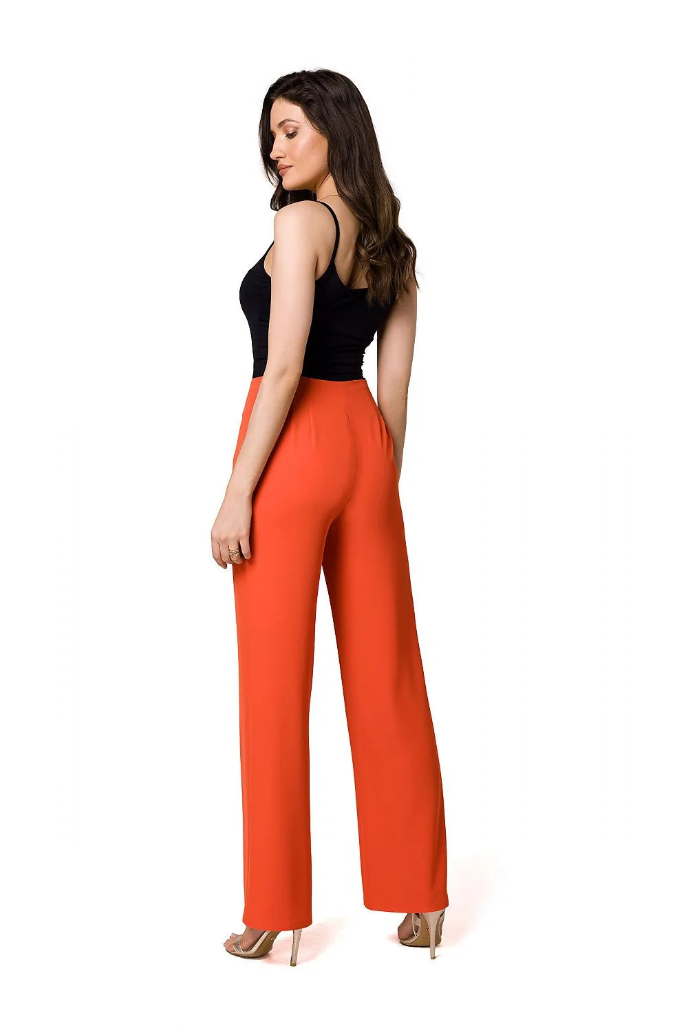 ensemble femme haut débardeur ajusté noir pantalon ample taille haute orange élasthanne polyester fluide texturé jambe large couture centrale