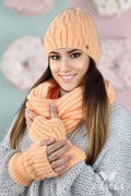 Ensemble tricot GIZMA pour femme bonnet écharpe mitaines couleur pêche laine acrylique motif torsade doux chaleur hiver
