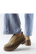 chaussures basses femme derby plateforme kaki cuir synthétique bout rond laçage six oeillets semelle épaisse talon carré minimaliste urbain confortable