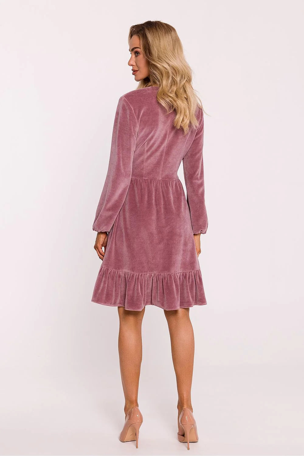 Robe élégante en velours rose poudré pour femme, manches longues, décolleté en V, coupe empire, occasion semi-formelle