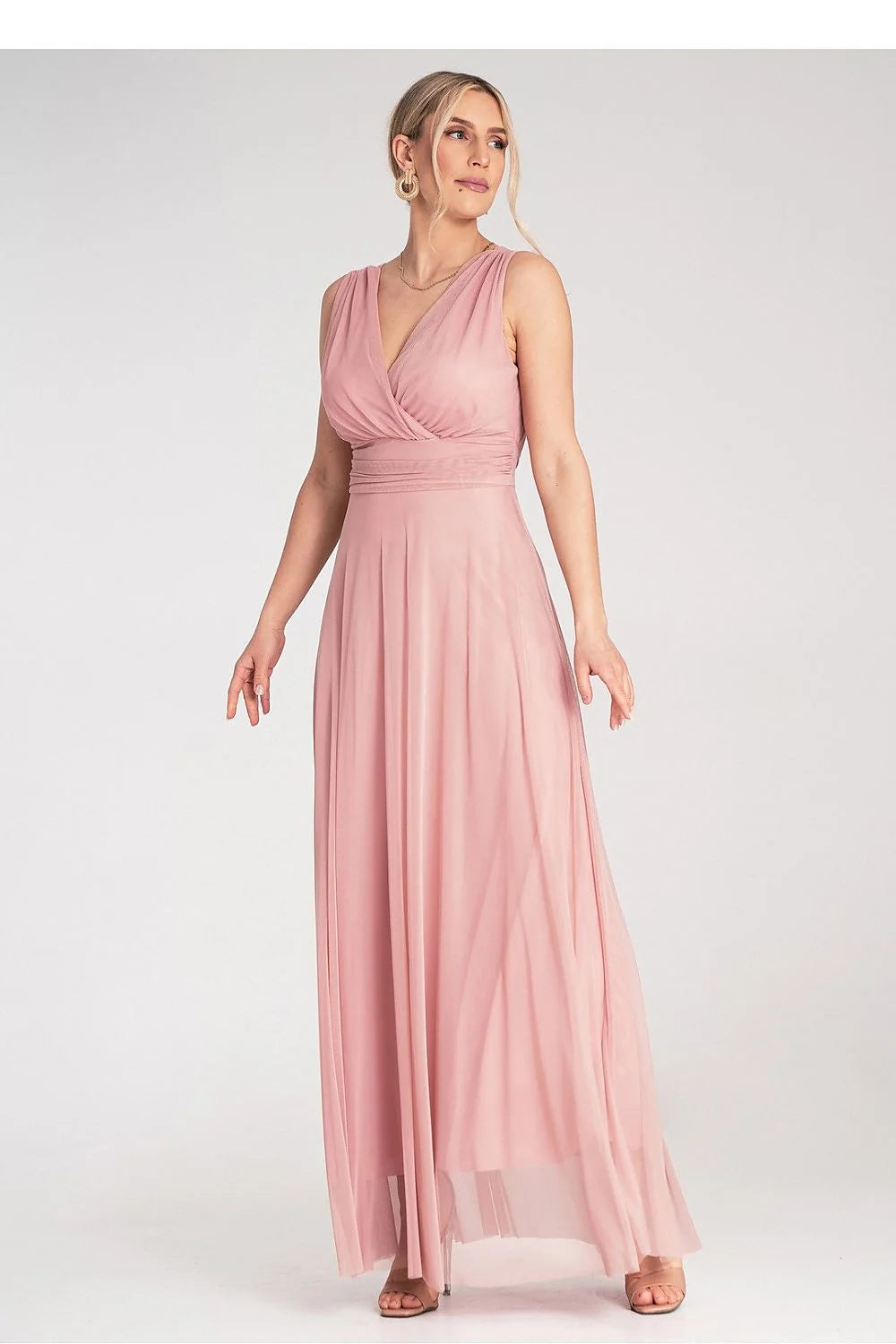 Robe de cocktail élégante sans manches en V dos nu couleur rose poudré tissu mousseline Empire ajustée taille longueur maximale femme