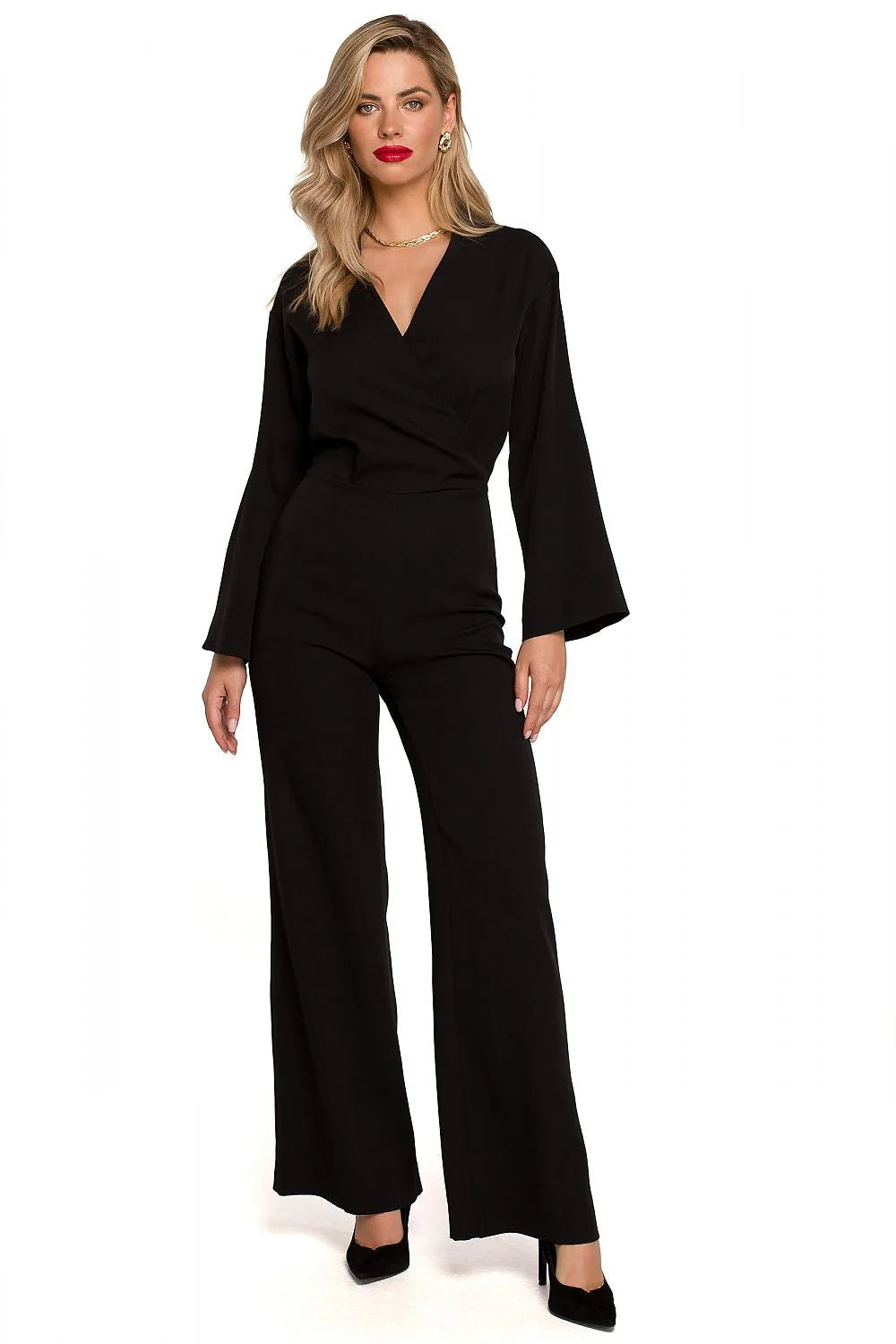 Combinaison Makover féminine élégante en polyester et élasthanne manches longues évasées encolure V croisée taille ajustable occasion spéciale