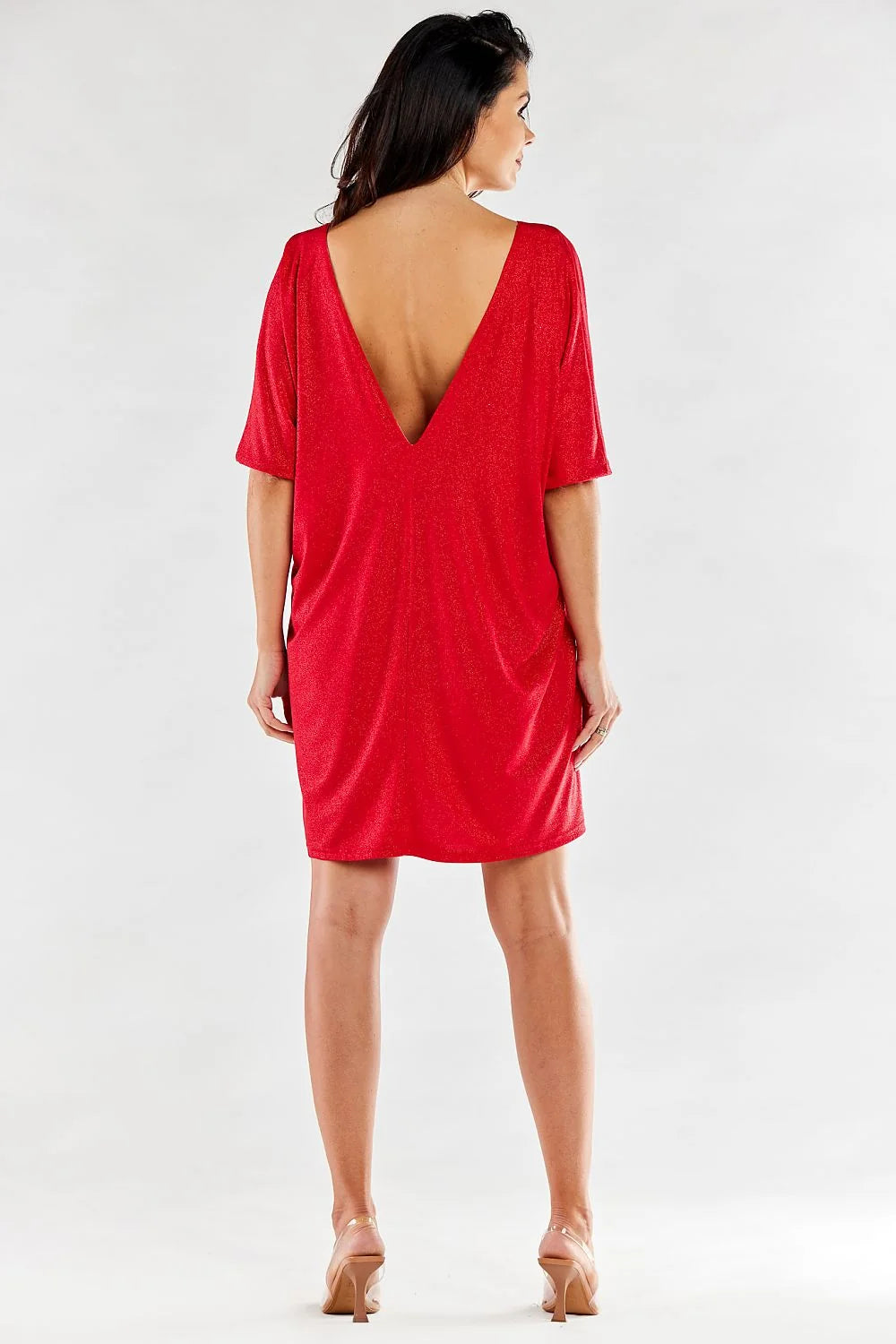 robe soirée rouge éclatante manches trois quarts col V plongeant coupe oversize tunique mi cuisses stretch irisé métallisé élasthanne confortable