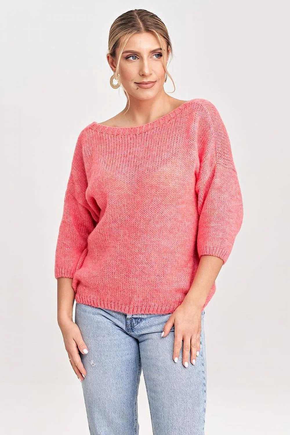 Pull femme style décontracté rose vif manches 3/4 dos coupé V nœud décoratif acrylique nylon polyester laine
