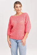 Pull femme style décontracté rose vif manches 3/4 dos coupé V nœud décoratif acrylique nylon polyester laine