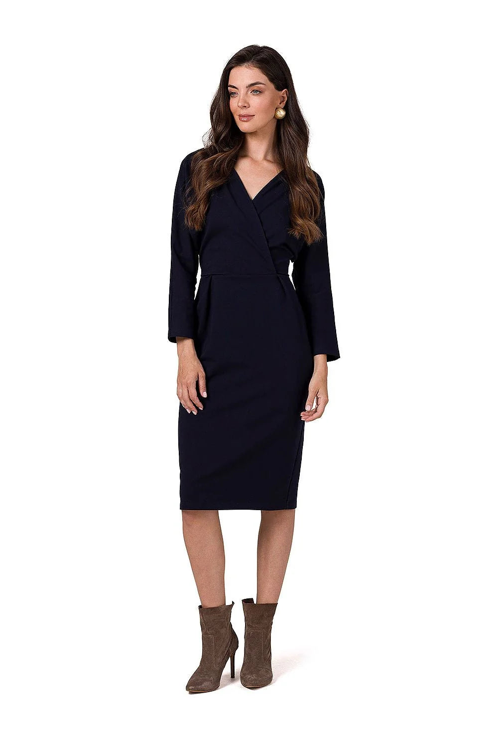 Robe élégante pour femme couleur bleu marine en cache-cœur manches longues silhouette ajustée longueur genoux
