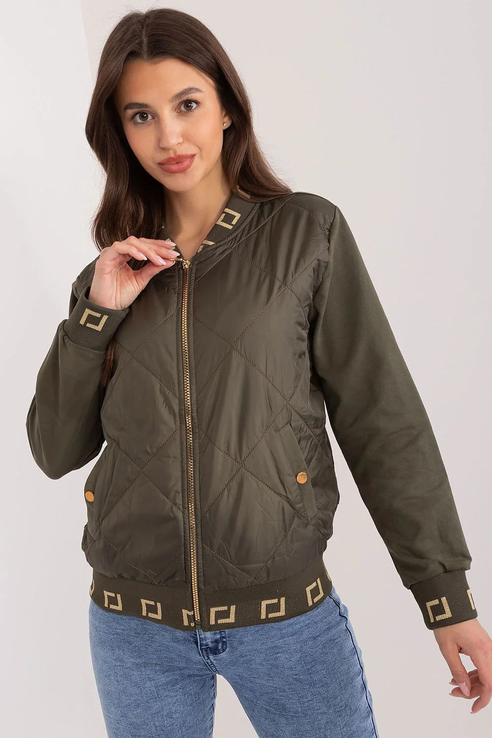 Veste bomber femme vert olive motif géométrique doré style vintage coupe ajustée matelassé losange fermeture éclair dorée
