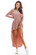 robe jour awama asymétrique velours rose poudré manches longues encolure ronde ourlet court devant long arrière oversize fluide traîne