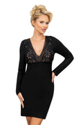 Chemise de nuit élégante Donna manches longues dentelle noire fluide viscose élasthanne polyamide femmes