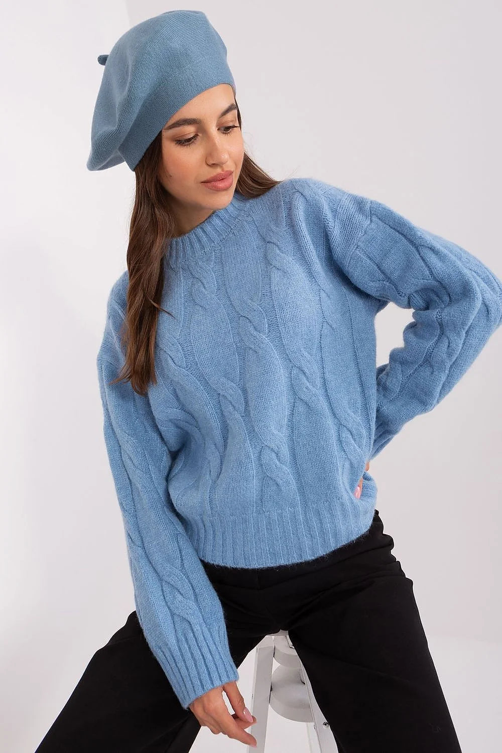 Pullover femme style décontracté élégant motif matelassé bleu clair longues manches col rond coupe ample