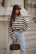 sweatshirt ERITH femme oversize marinière larges rayures écru marron foncé maille molletonnée coton mélangé manches longues capuche discrète