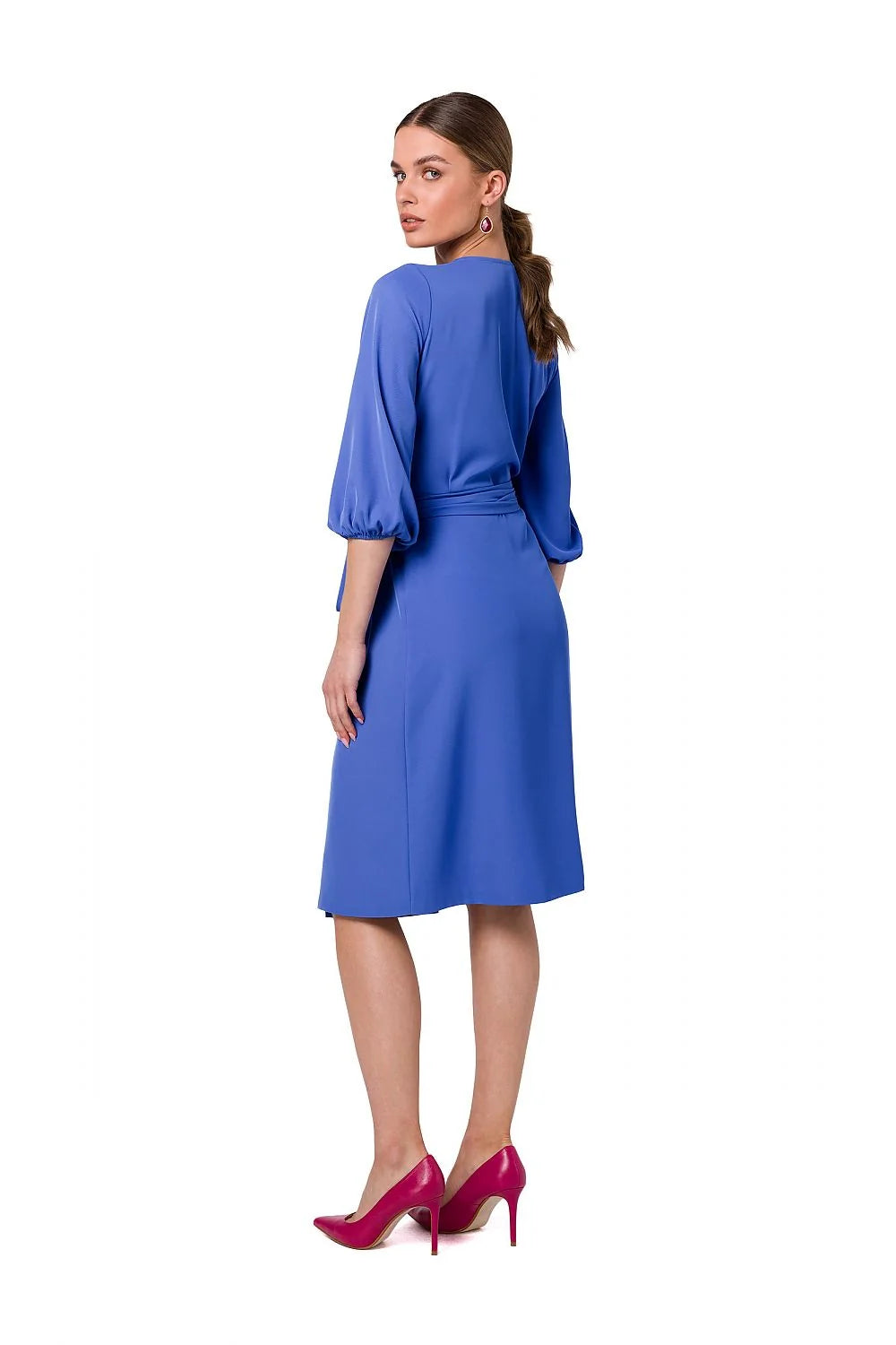 robe portefeuille midi fuchsia décolleté V profond manches troisquarts bouffantes ceinture nouée taille marquée tissu fluide élasthanne polyester élégante polyvalente