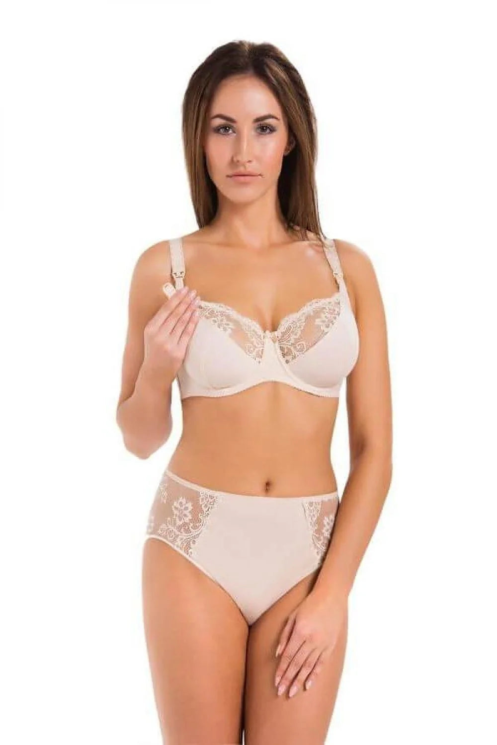 Soutien-gorge allaitement Teyli beige nude dentelle florale coton lycra bretelles rembourrées culotte taille haute dentelle panneaux latéraux lingerie féminine