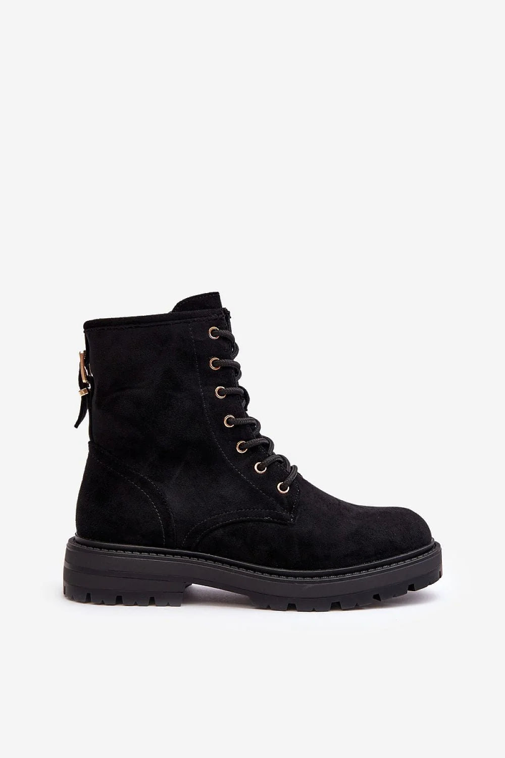 bottines femme suédine écologique noir tige mi mollet oeillets métalliques dorés fermeture zippée lacets bout arrondi contrefort renforcé