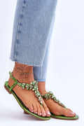 Sandales femmes style T-bar cuir écolo pierres strass vert émeraude talon plat confortable été