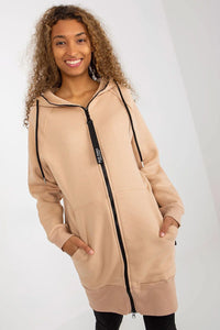 Veste coton élasthanne polyester capuche manches longues coupe ample couleur beige sable style casual moderne femme