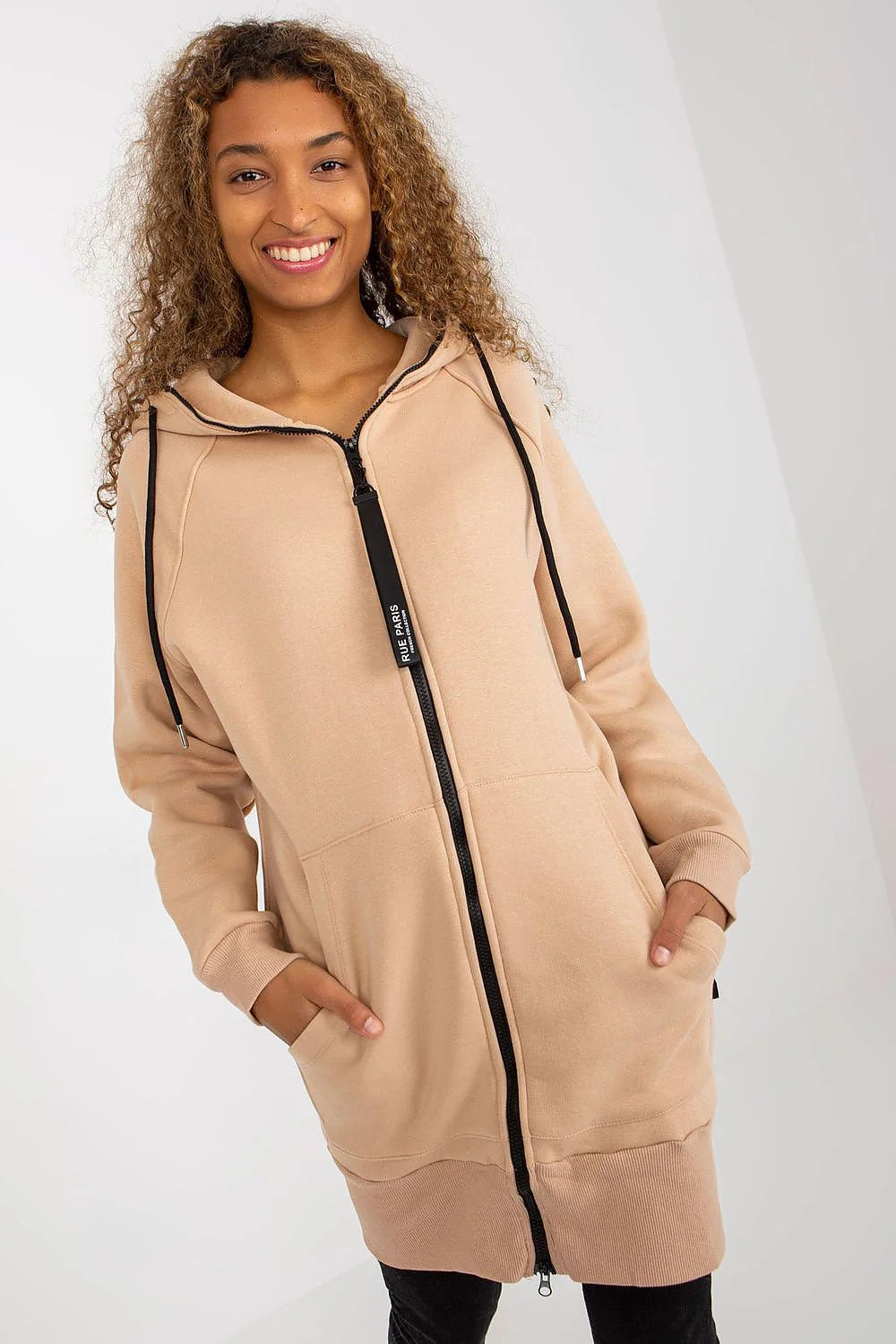 Sweatshirt femme Rue Paris longue manches longues capuche fermeture éclair beige sable coton élasthanne polyester veste Casual Moderne