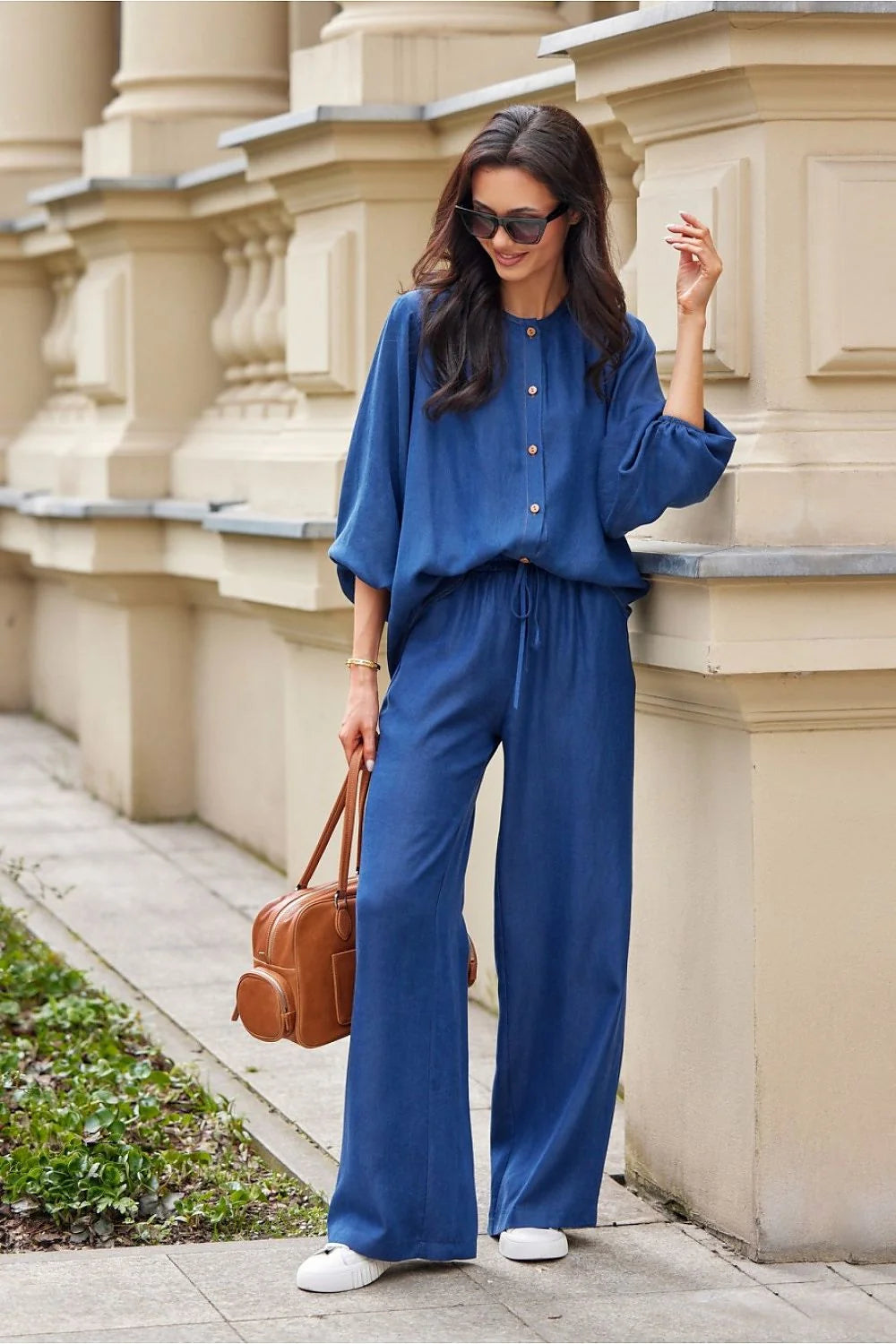 Pantalon femme Roco Fashion ample couleur bleu profond matière Tencel 100% taille élastique poches latérales