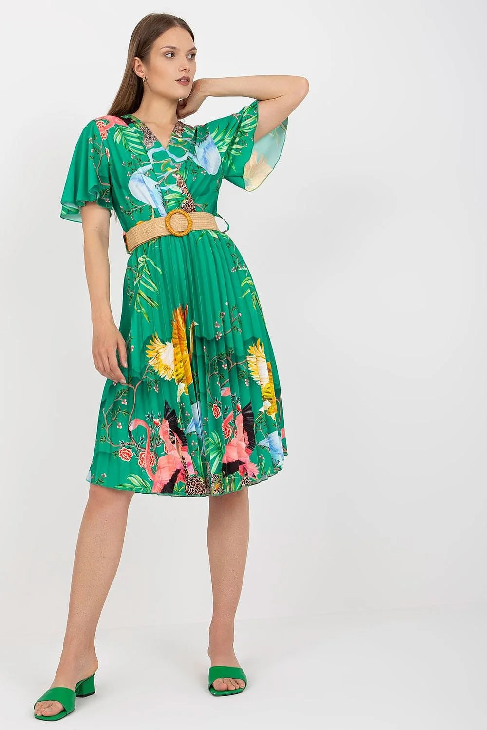 Robe d'été vibrante manches courtes encolure V motifs floraux animaliers ceinture tressée Italy Moda femme