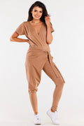combinaison femme camel jersey stretch coton elasthanne coupe cachecoeur decollete V manches courtes taille elastique lien noue jambes fuselees cheville