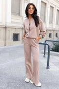 Ensemble IVON pour femmes, veste bomber à fermeture éclair, pantalon à jambes larges, beige, style casual moderne, confort optimal