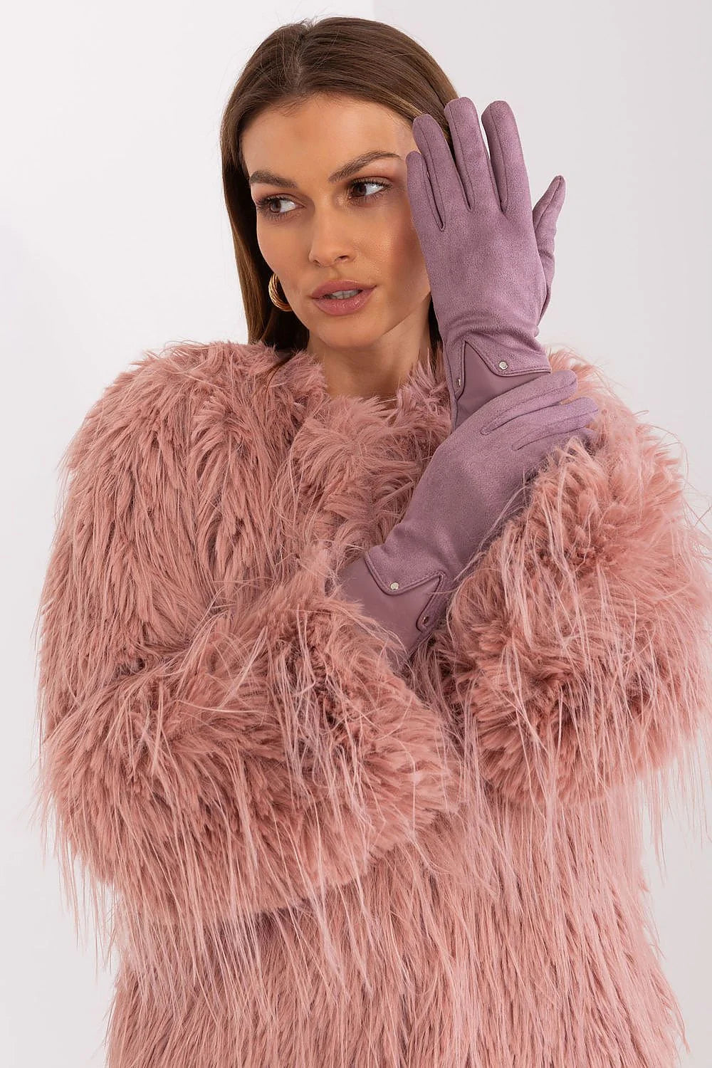 Gants élégants pour femmes en daim imitation fleur brodée rose pâle manchette métallique ajustés